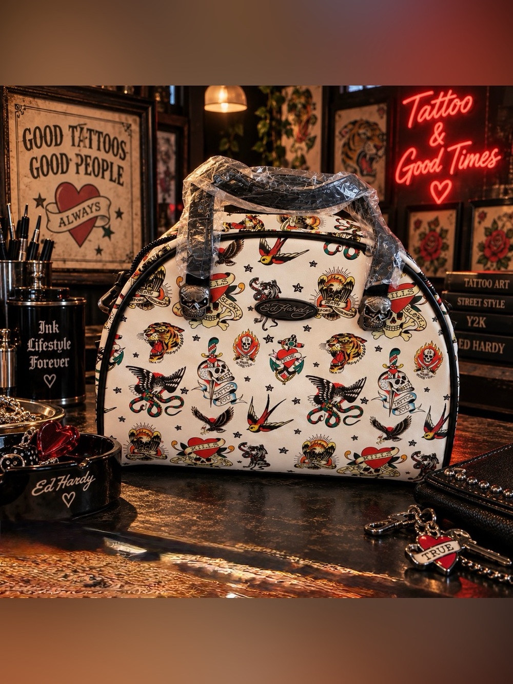 🖤 Ed Hardy Y2K Tattoo Flash Thermal Lunch Bag / Crossbody NWT